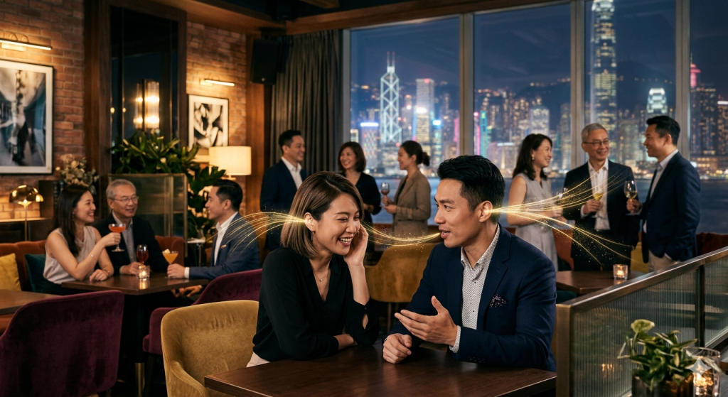 雞尾酒會效應中選擇性聽覺示意圖。Heari 傾耳聽 香港聽力中心 | 立即登記免費聽力測試