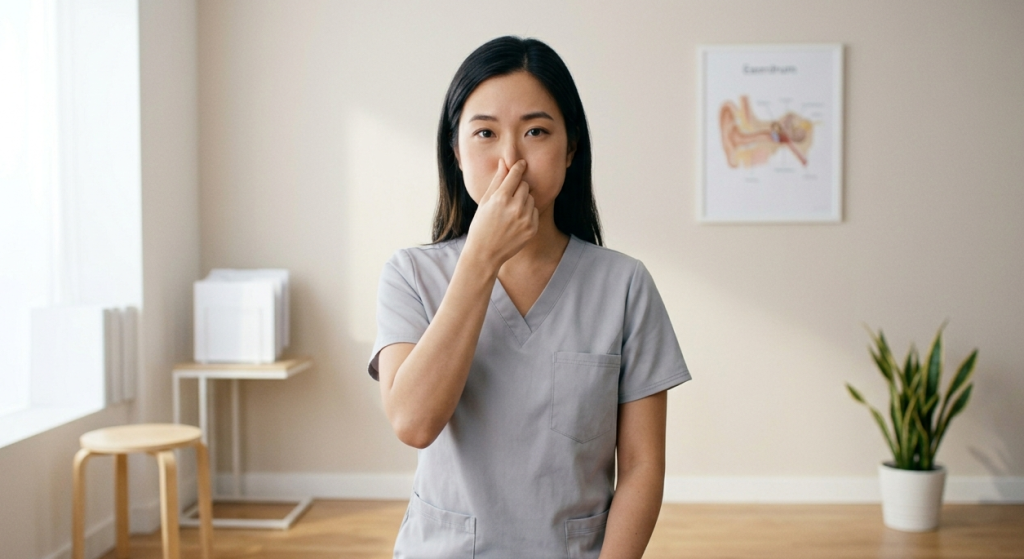 亞洲女性示範緩解耳朵悶塞的捏鼻鼓氣法。Heari 傾耳聽 香港聽力中心 | 立即登記免費聽力測試