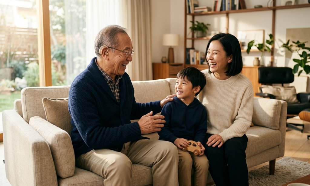 佩戴助聽器後的長者能輕鬆與女兒及孫仔聊天，重獲家庭溫暖與溝通樂趣。Heari 傾耳聽 香港聽力中心 | 立即登記免費聽力測試 