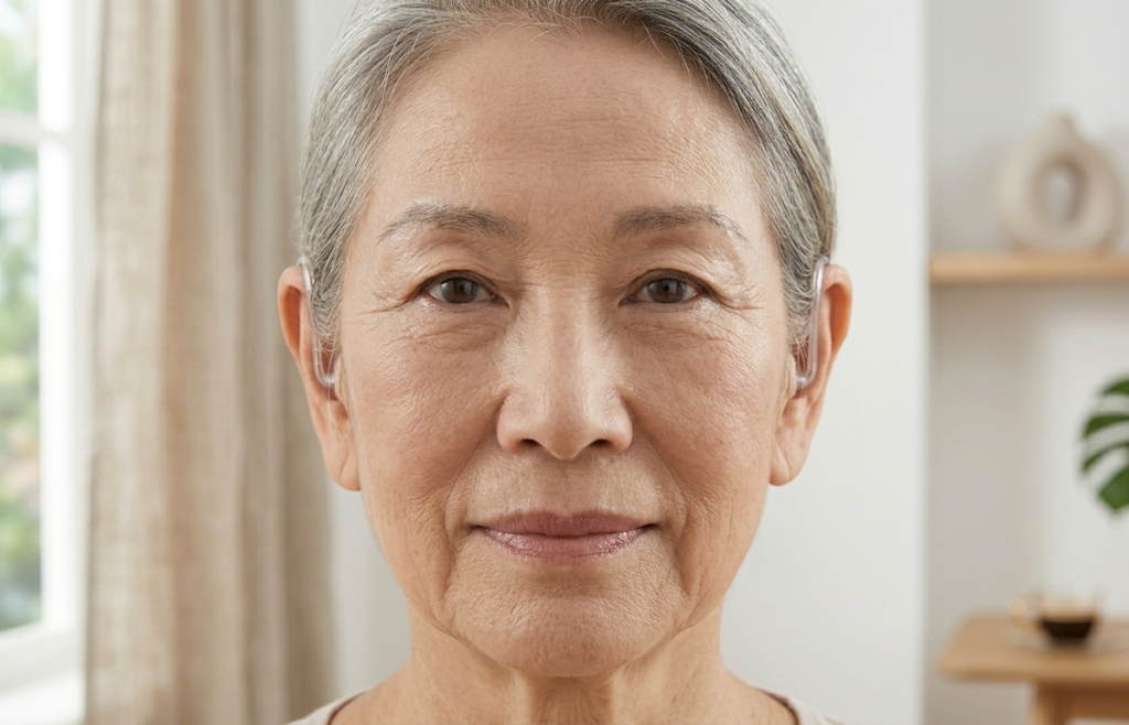 長者佩戴 Heari AI RIC 助聽器，外型隱蔽時尚且具質感，完美融入日常生活。Heari 傾耳聽 香港聽力中心 | 立即登記免費聽力測試