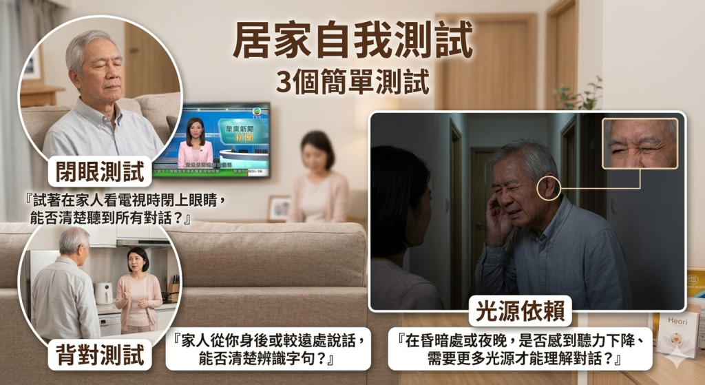 一張專業的教學示意圖，展示讀者如何在家中自行進行閉眼、背對及暗光環境測試，初步評估聽力與視力關係的狀況。Heari 傾耳聽 香港聽力中心 | 立即登記免費聽力測試