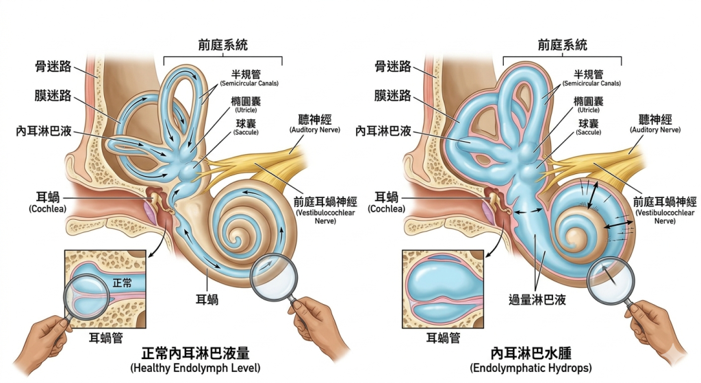 內耳構造圖解，顯示淋巴液過多導致的耳水不平衡（內耳淋巴水腫）。Heari 傾耳聽 香港聽力中心 | 立即登記免費聽力測試