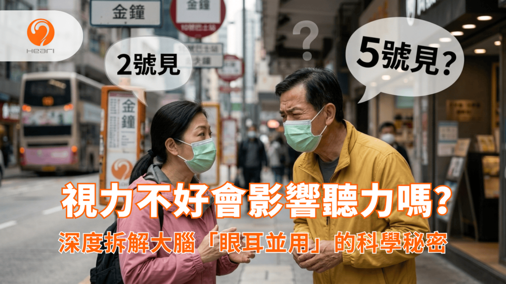一張展示兩位在香港街頭戴著口罩的人士，因看不清口型而產生溝通誤解的場景，突顯了「視覺模糊」如何增加聽覺負擔。Heari 傾耳聽 香港聽力中心 | 立即登記免費聽力測試