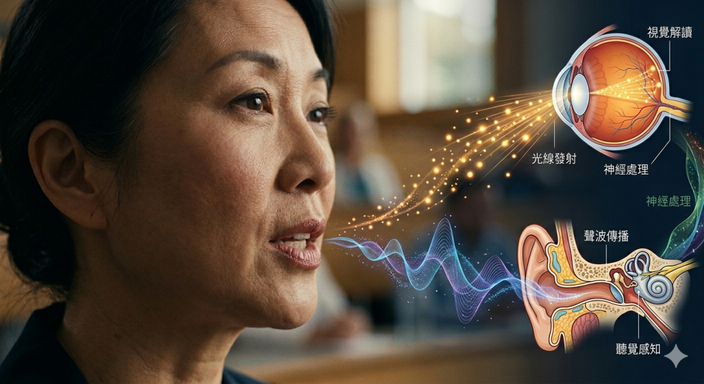 展示一個人觀察口型時，大腦處理聲音的過程，強調視覺對聽覺的引導作用。Heari 傾耳聽 香港聽力中心 | 立即登記免費聽力測試