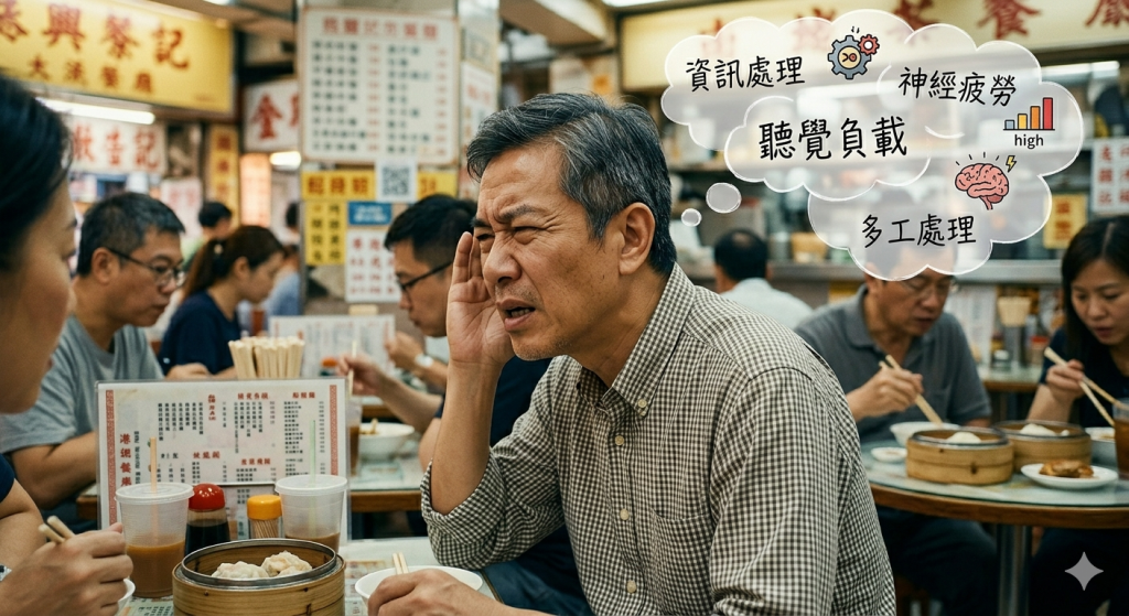 一位中年亞洲男子在繁忙的香港餐廳中顯得疲憊，頭上的思想泡泡顯示「資訊處理」、「聽覺負載」、「神經疲勞」以及「high認知負荷」的長條圖，生動展示了聽覺努力 (Listening Effort)。Heari 傾耳聽 香港聽力中心 | 立即登記免費聽力測試