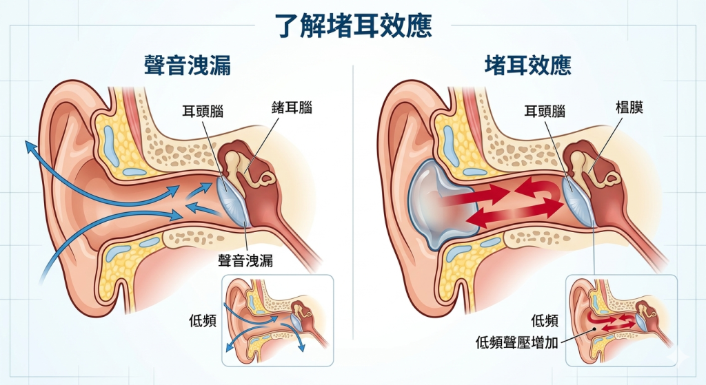堵耳效應原理圖，顯示聲音如何在封閉的耳道內積聚，導致回音感。Heari 傾耳聽 香港聽力中心 | 立即登記免費聽力測試 