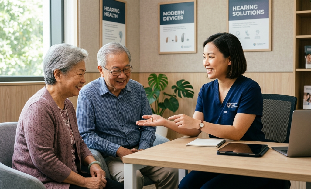 專業聽力學家向長者耐心地解釋現代助聽器的功能與適應方法。Heari 傾耳聽 香港聽力中心 | 立即登記免費聽力測試 