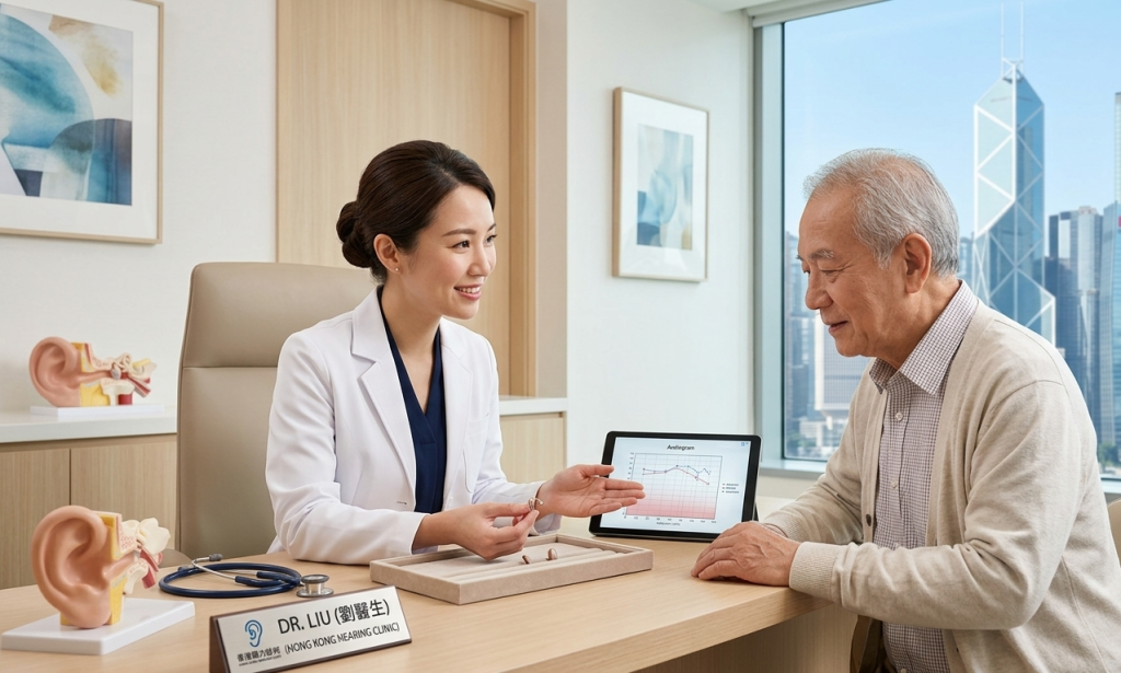 聽力學家為長者提供專業聽力測試建議並展示現代助聽器。Heari 傾耳聽 香港聽力中心 | 立即登記免費聽力測試