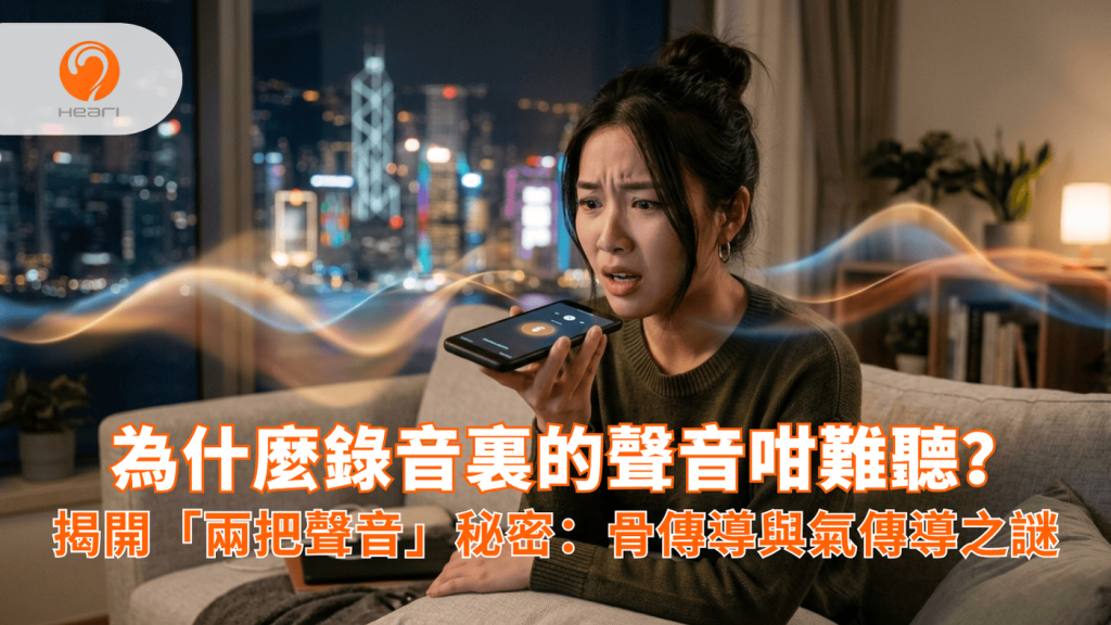 一位亞洲年輕女性回聽手機錄音，驚訝地指著手機，背景有彩色聲波流動。Heari 傾耳聽 香港聽力中心 | 立即登記免費聽力測試