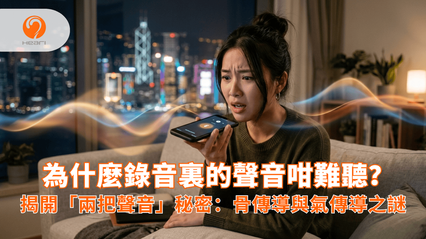 一位亞洲年輕女性回聽手機錄音，驚訝地指著手機，背景有彩色聲波流動。Heari 傾耳聽 香港聽力中心 | 立即登記免費聽力測試