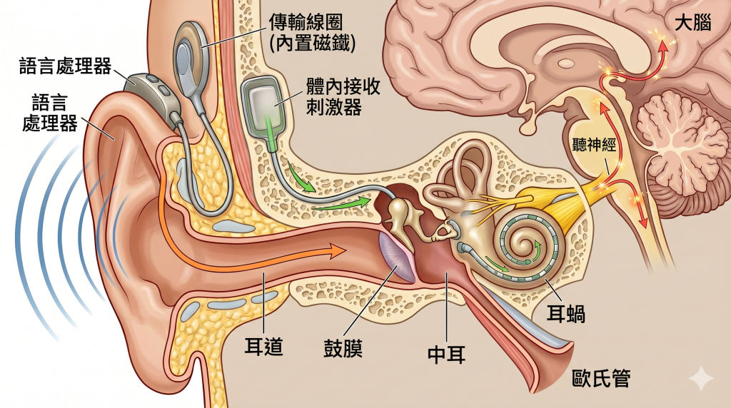 人工耳蝸運作原理及耳部解剖結構示意圖